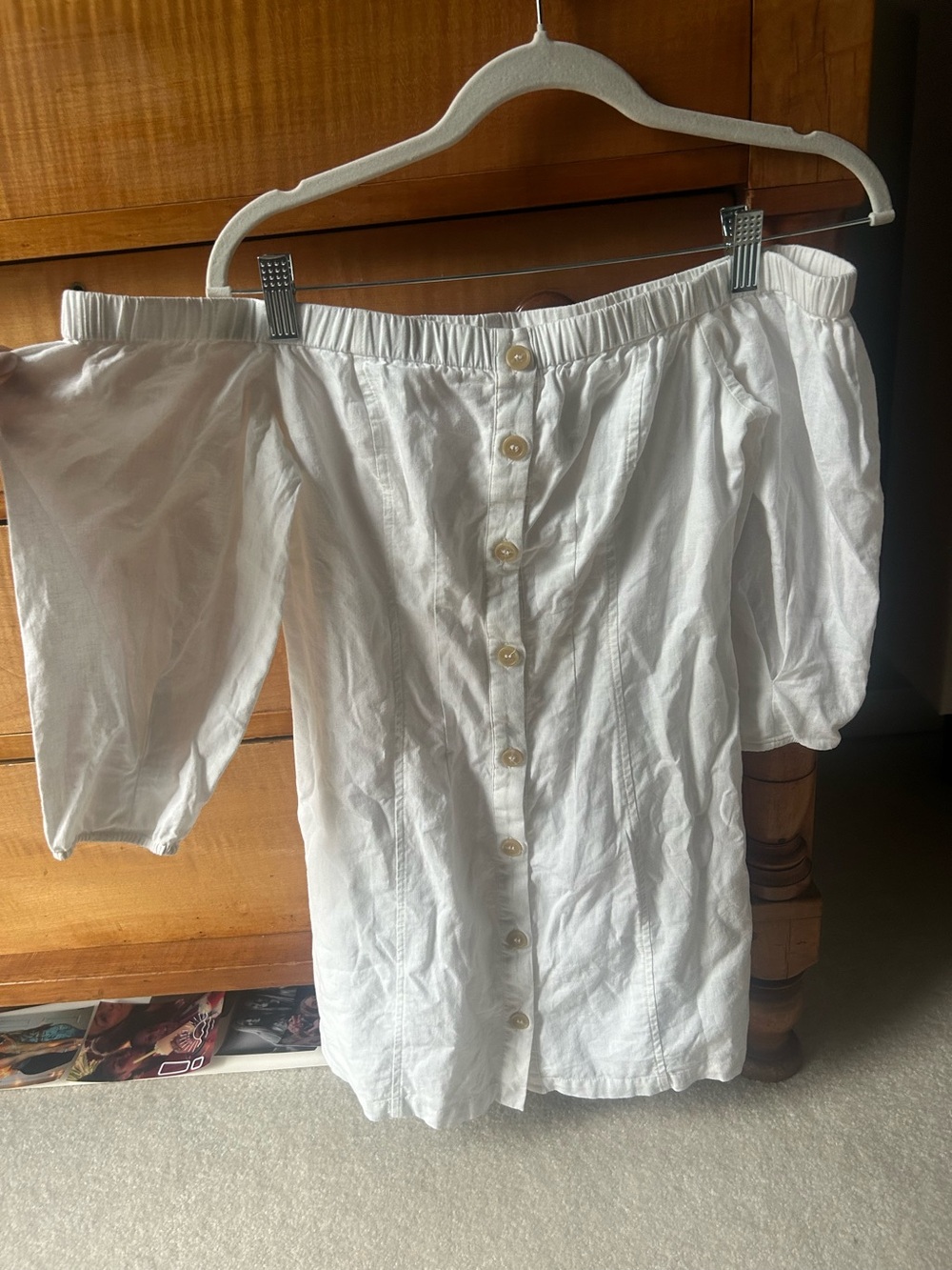 White Off-Shoulder Button-Front Dress